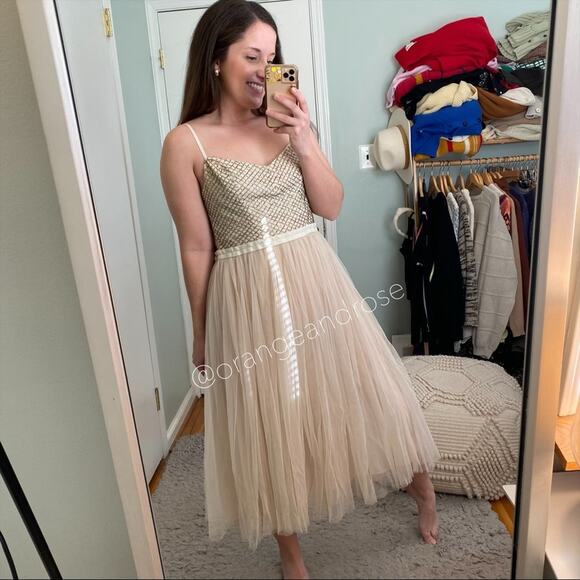 NWT Needle & Thread Nude Blush Pink beaded Top Tulle Empire Waist Maxi Dress 10 - Picture 2 of 12